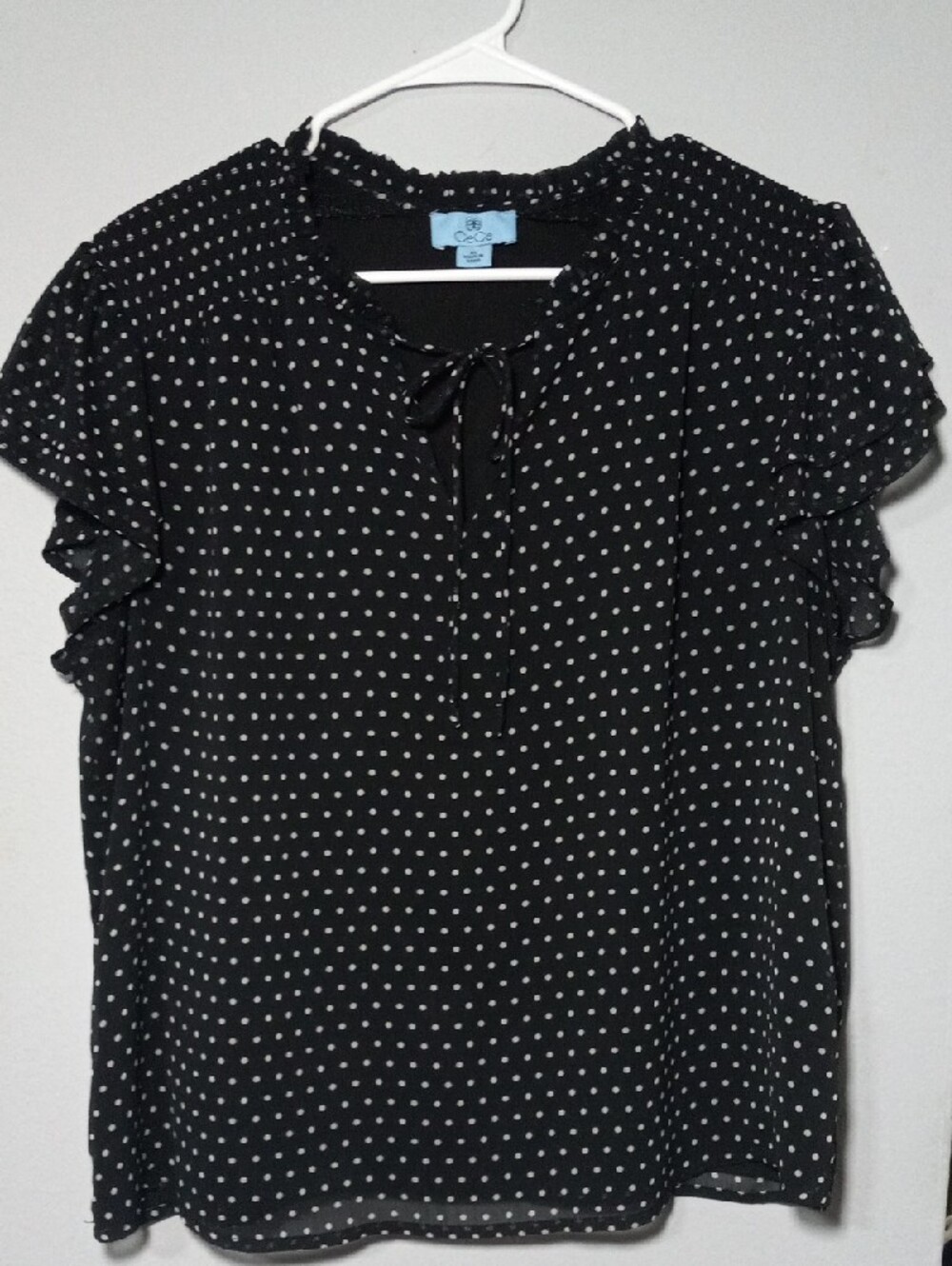 CeCe Black and White Polka Dot Tie-Neck Blouse - Picture 6 of 7